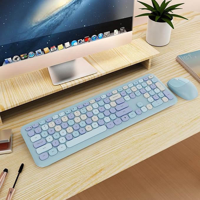 Wireless Keyboard and Mouse Combo Colorful Ergonomic Full Size Retro Low-Noise Keyboard with Cute keycaps Compatible with Windows PC Perfer for Home and Office Keyboards (Blue)