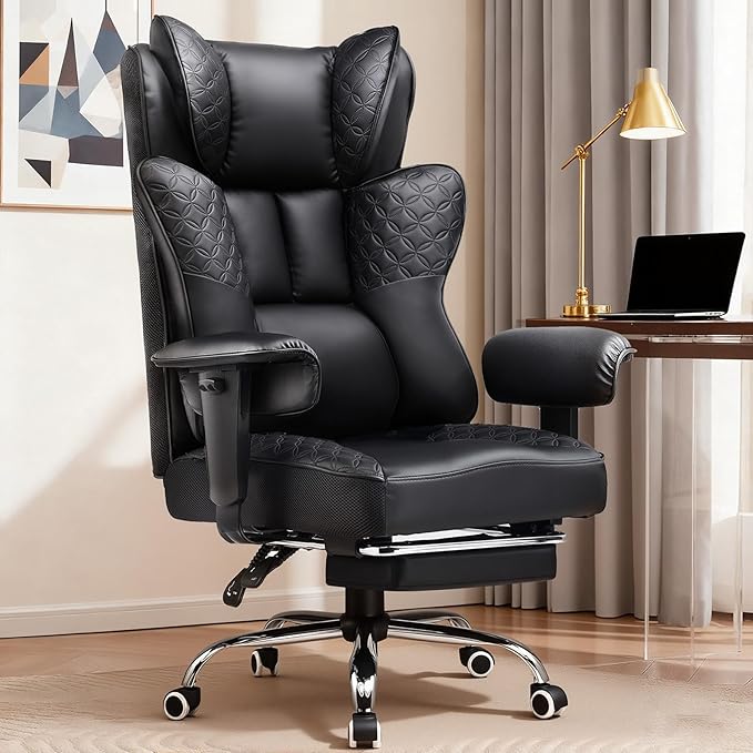 GTPLAYER Big and Tall Office Chair 400LBS Wide Ergonomic Gaming Chair with Deluxe Embossing Designed Leather with Foot Rest150°Reclining Adjustable Soft Armrests Pocket Spring Back Support and Pillow
