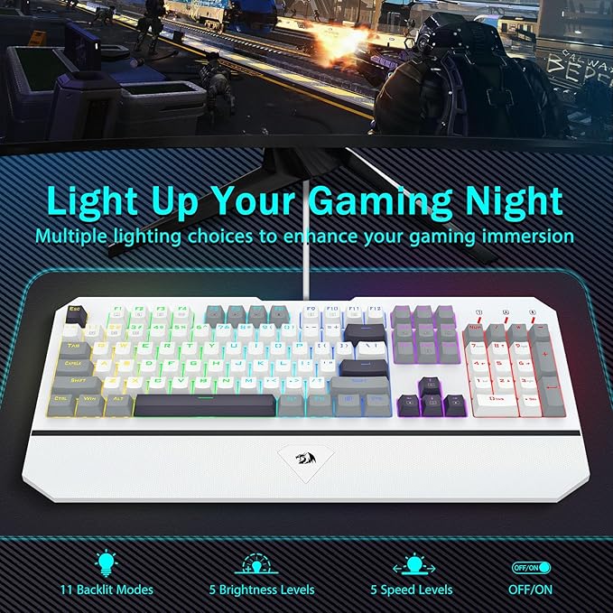 Redragon Mechanical Gaming Keyboard Wired Light Up Backlit Linear Switches 104 Keys Anti-Ghosting Big Wrist Rest Metal Frame Durable Keycaps for Computer PC Mac Xbox Gamers