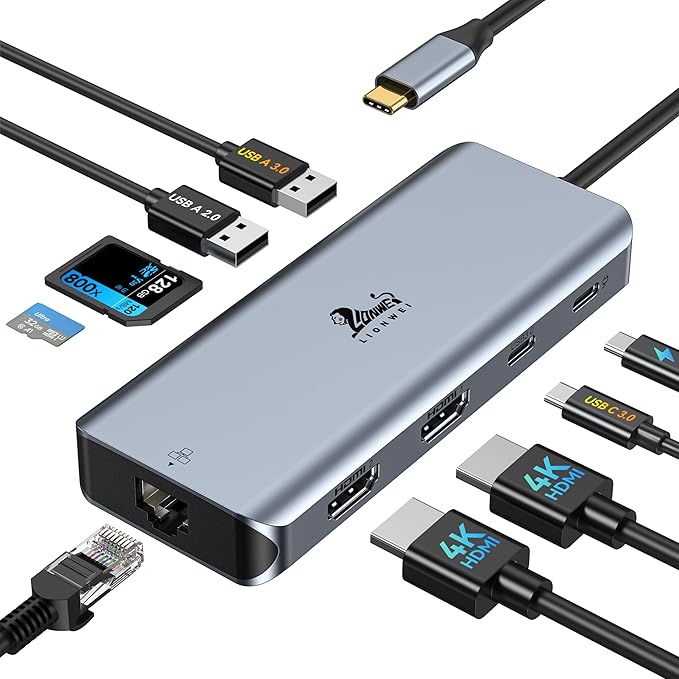 LIONWEI 9 in 1 Laptop Docking Station Dual HDMI 100W PD USB C 3.0 Ethernet Audio/Mic USB C Hub for Dell/Surface/HP/Lenovo Laptops