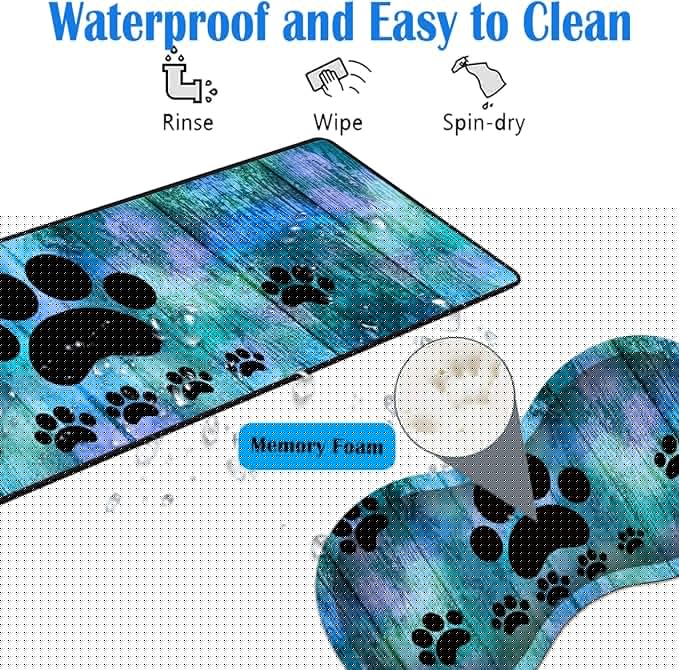 3 Piece Mouse Pad Set with Stitched Edge Large Anti-Slip Mouse Pad Desk Pad Keyboard Pad + Wrist Rest Pad + Coaster Memory Foam Wrist Rest for Office/Home -Antique Blue Wood Grain Dog Paw
