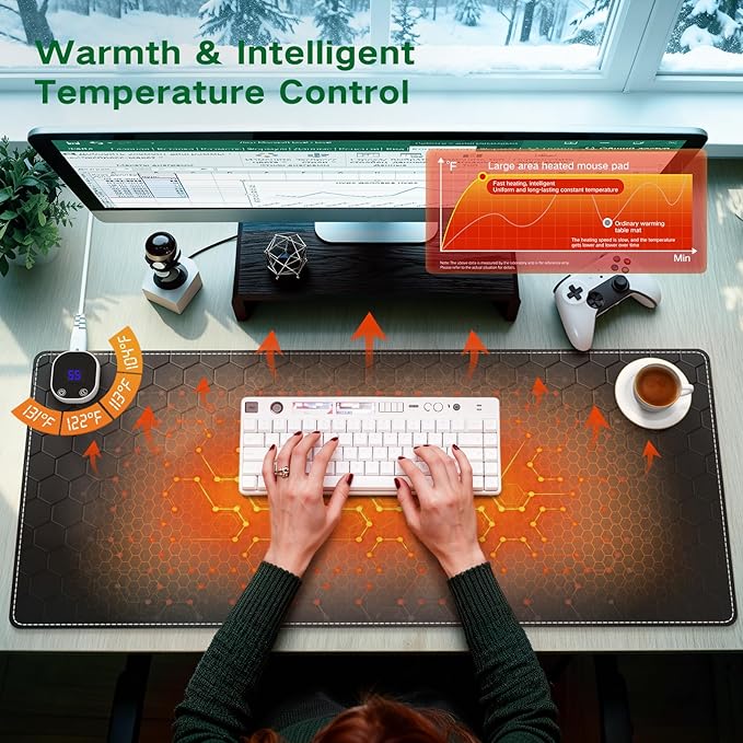 iLeadon Heated Mouse Pad Electric Warm Desk Pad with 3 Heating Levels &amp 3 Auto Shut-Off Levels 35.4 x 15.7 Large Safe Desk Mat Hand Warmer for Home Office Work Honeycomb Black