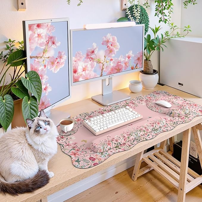iCasso Desk Mat SetLarge Mouse Pad with Wrist RestErgonomic Keyboard Wrist Support for WomenGirly Floral Computer Mat with Scalloped EdgesNon-Slip Desk Pad Home Office Gaming (Pink)
