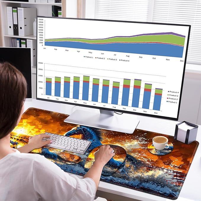 Large Mouse Pad Keyboard Wrist Rest Set Ergonomic Mouse Pad with Wrist Support Desk Mat with Stitched Edges + Coaster Extended Desk Pad Waterproof Desk Mat for Home Office Game I Running Horse