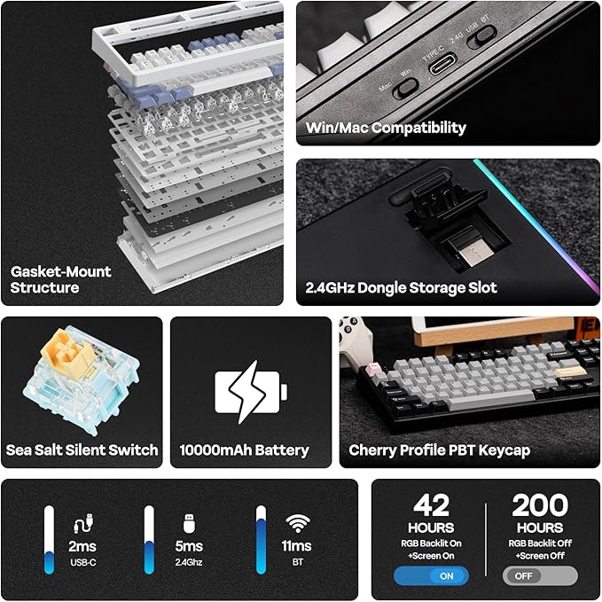 EPOMAKER TH108 PRO Full Size Mechanical Keyboard with Screen &amp Knob Wireless Gaming Keyboard with 10000mAh Creamy Gasket Hot Swap Custom Driver RGB Backlight (Black Sea Salt Silent)