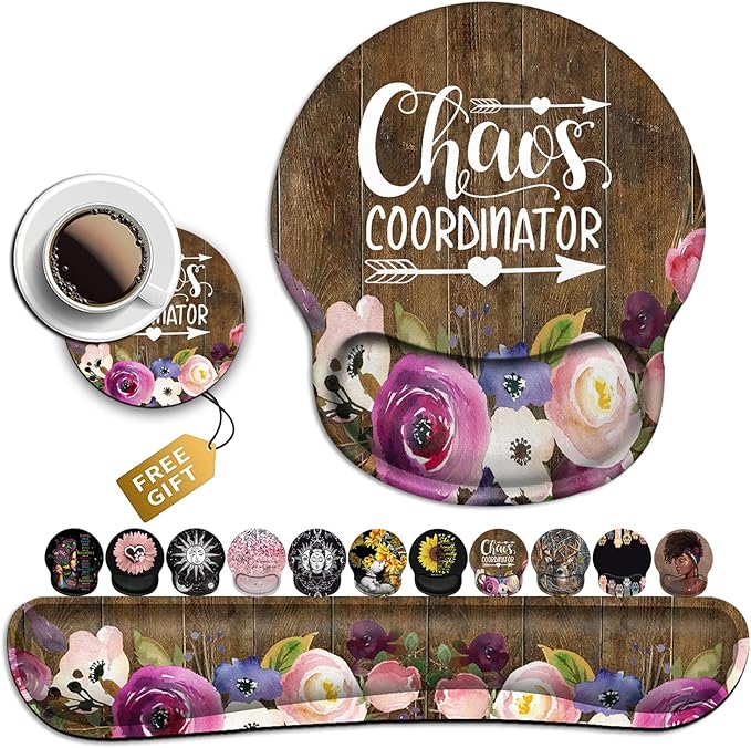 Mouse Pad Wrist Guard and Keyboard Wrist Rest Office Desk Accessories Office Decor for Women Office Gifts Desk Decor Chaos Coordinator Quotes Vintage Watercolor Floral Mouse Pad