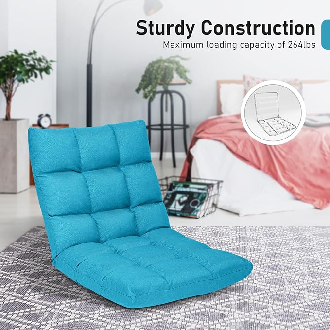 MAT EXPERT 14-Position Floor Chair Floor Gaming Chair w/Resilience Sponge Alloy Steel Frame Padded Bed Couch Recliner Floor Chair with Back Support for Reading Meditating (Peacock Blue)