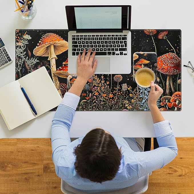 Ergonomic Desk Pad Mat &amp Keyboard Wrist Rest Set 3-in-1 Office Mouse Pad with Memory Foam Support Non-Slip Computer Blotter for Home Gaming &amp Writing 23.6 x 11.8 Mushroom