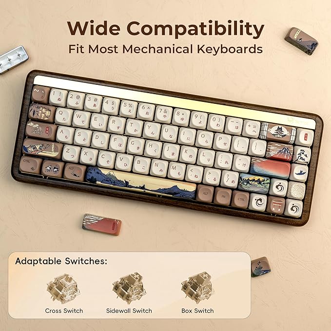 OHY XVX MOA Profile Japanese Fuji Mountain Theme PBT Keycaps Set 140-Key Coffee &amp Cream Custom Keycaps for US Layout Mechanical Keyboards (Brown/Beige Design with Key Puller)