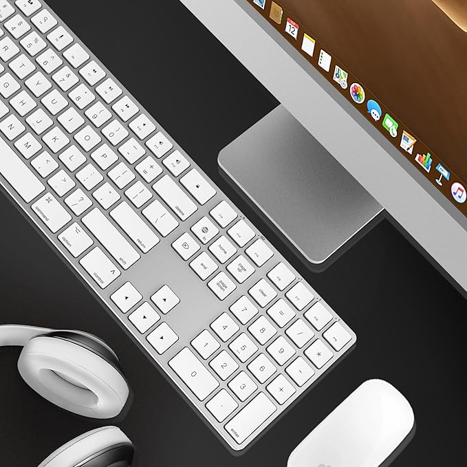 Bluetooth Slim Keyboard for Mac Aluminum Rechargeable Keyboard Wireless Low-Profile Silent Flat Key Compatible with Apple iMac MacBook Mac and iOS Full Size - Silver White
