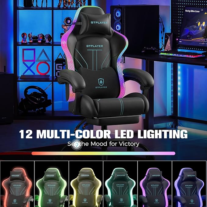 GTPLAYER Gaming Chair Computer Chair with RGB LED Lights High Back Ergonomic Chair for Adults with Footrest Reclining Office Chairs Linkage Armrest Blue