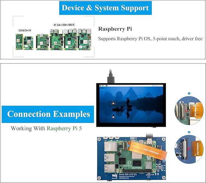 5inch DSI LCD 5-Point Capacitive Touch Screen Monitor for Raspberry Pi Pi5/4B/3B+/3B/3A+/CM4/CM3+/CM3 1024 x 600 Resolution IPS Display Screen DSI Interface 178° Viewing Angle No Driver Required