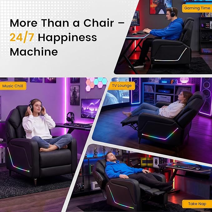 SAMERY Gaming Recliner Chair Push-Back Reclining Gaming Chair with Extended Footrest LED Light Pockets Lumbar Pillow Modern Ergonomic Recliner Sofa for Game Room Living Room (Black Recliner)