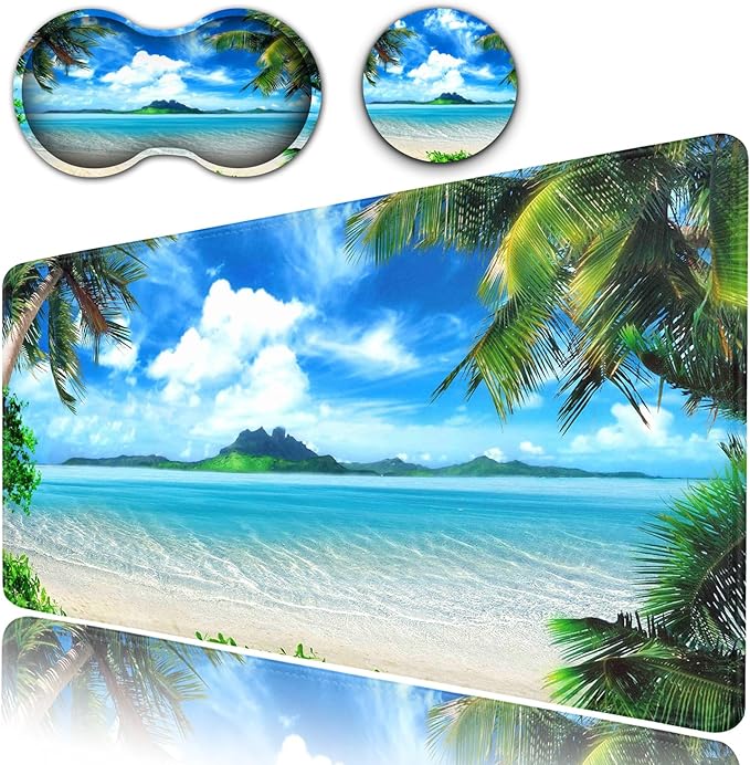 Desk Pad Extended Large Mouse Pad with Stitched Edges (31.5X11.8In) Ergonomic Mouse Wrist Rest Waterproof Computer Keyboard Mouse Mat Coconut Trees on Sands Beach Seascape XXL Gaming Mouse Pad