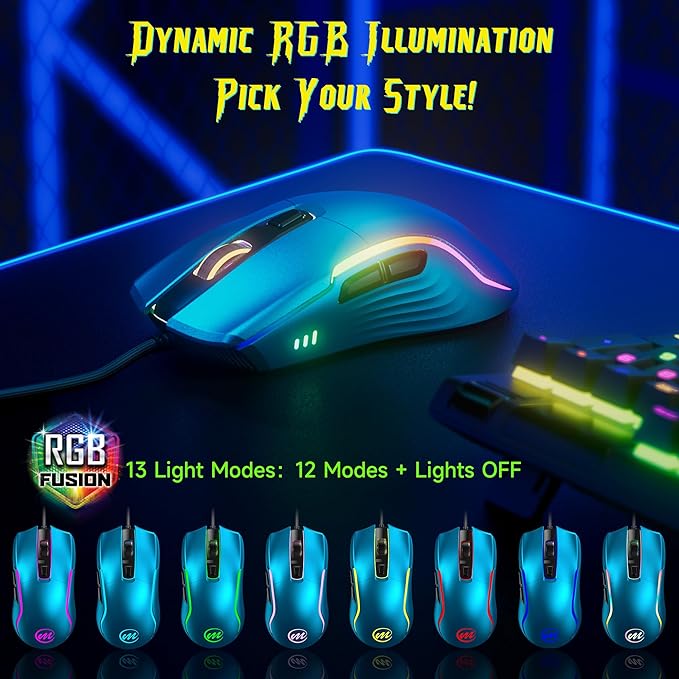 memzuoix Wired Gaming Mouse with RGB - 6 Adjustable DPI up to 12800 6 Buttons 12 Lighting Modes Ergonomic Design with Anti-Slip Rubber Wheel 5.6ft Braided Cable for PC/Mac/Windows - Blue