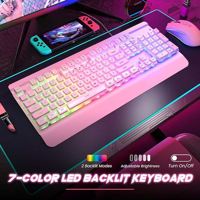 Pink Creamy Keyboard 104 Keys All-Metal Panel Rainbow LED Backlit Silent Gaming Keyboard Wrist Rest PBT Keycap Anti-ghosting Keys Light Up USB Wired Computer Keyboard for PC