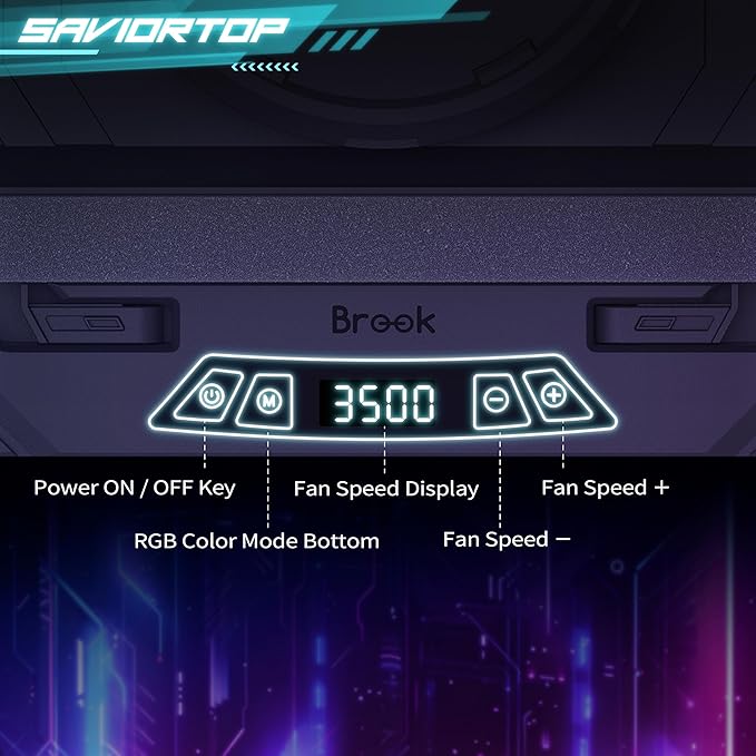 Brook Saviortop Gaming Laptop Cooling Pad – High-Speed 3500 RPM Laptop Cooler with Turbo Fan RGB Cooling Stand for 10-19 Inch Laptops Touch Control USB-C Hub Adjustable Height Quiet Cooling Fan