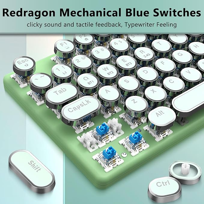 Redragon K710 Wireless Typewriter Mechanical Gaming Keyboard Bluetooth/2.4Ghz/Wired RGB Led Backlit Blue Switch - Clicky Rechargeable Solid Metal Panel Round Keycaps Green