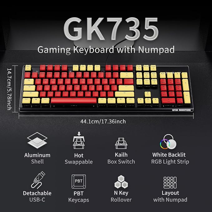 Hexgears GK735 Wired Mechanical Gaming Keyboard Hot-Swappable Full-Size Keyboard with White Backlit + Surround Side Light Strip Aluminum Finish Kailh Clicky Switches (Red-Yellow)