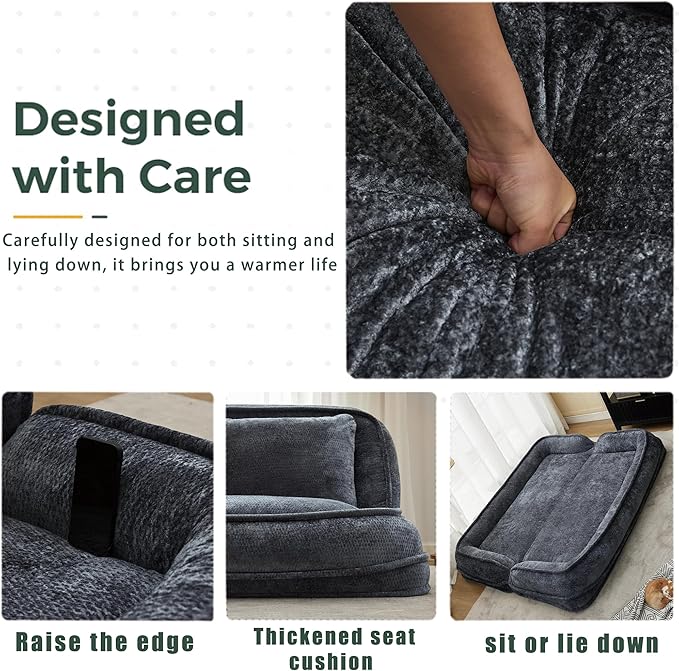 Floor Chair with Back Support Human Dog Bed Folding Loveseat with 5 Adjustable Position 2 Pillows Chenille Meditation Gaming Chair for Lazy Boys Living Room Lounge Bedroom Dark Grey