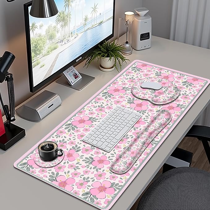 Floral Desk Mat 4in1 Large Mouse Pad with Wrist Rest Cute Desk Matt for Desktop Deskpad Mat Anti-Slip XXL Computer Ergonomic Mousepad with Wrist Support for Keyboard and Mouse I Pink Flowers