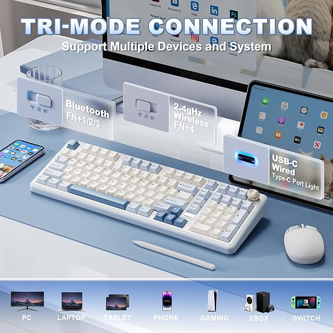 YUNZII B98 PRO QMK/VIA Wireless Mechanical Gaming Keyboard 96% Layout with Numpad and Cute Cat Knob BT/2.4G/USB-C Pre-Lubed Switch Hot Swap Gasket RGB for Win/Mac (Blue Milk V2 Linear Switch)
