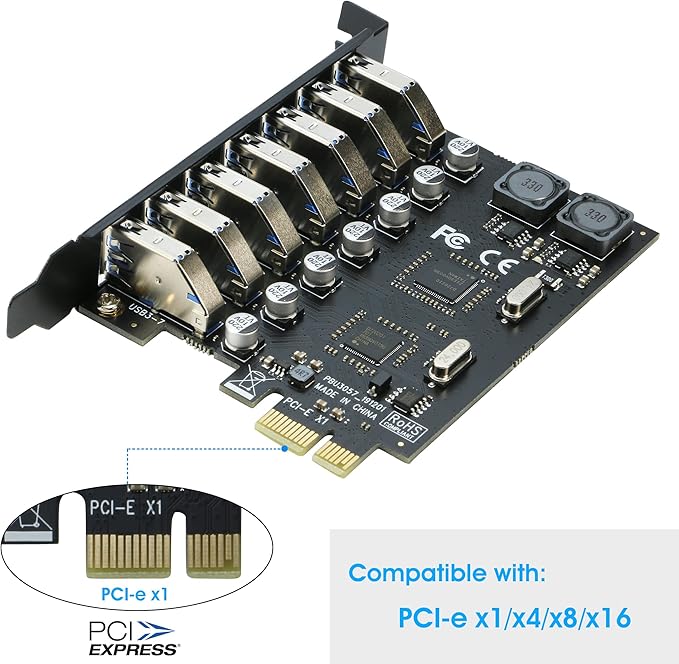 USB 3.0 PCI-e Expansion Card 7Port RIITOP PCI-e x1 to USB 3.0 HUB Adapter 5Gbps (No Power Need)