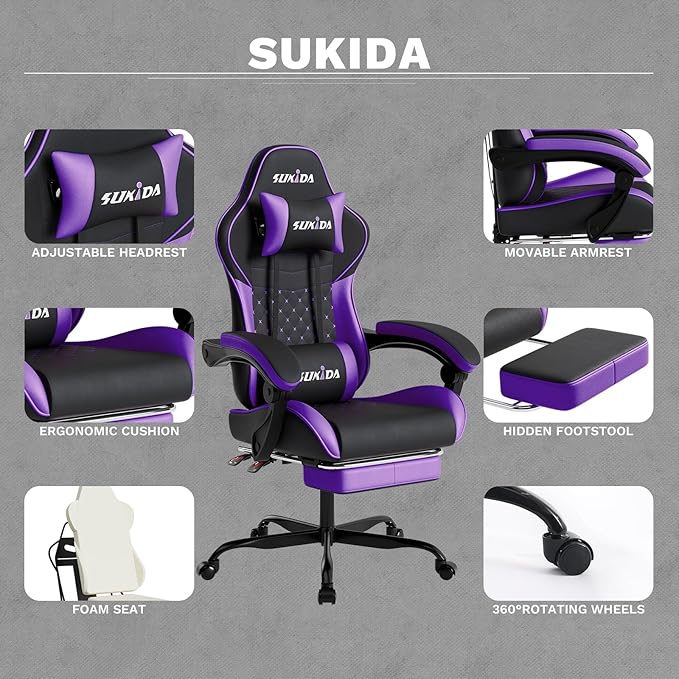 Ergonomic Video Gamer Chairs Gaming Computer Chair Gamer Chairs for Adults Massage Lumbar Support Swivel Height Adjustable Headrest Backrest