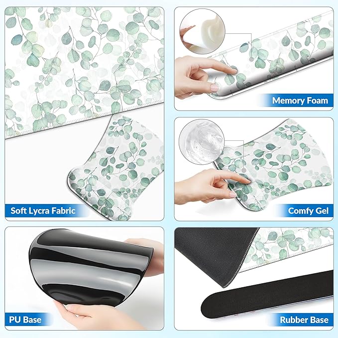 Desk Mat Set + Keyboard and Mouse Pad with Wrist Rest Support4-in-1 Large Mousepad Computer Mats for Desktop Home &amp Office -Eucalyptus