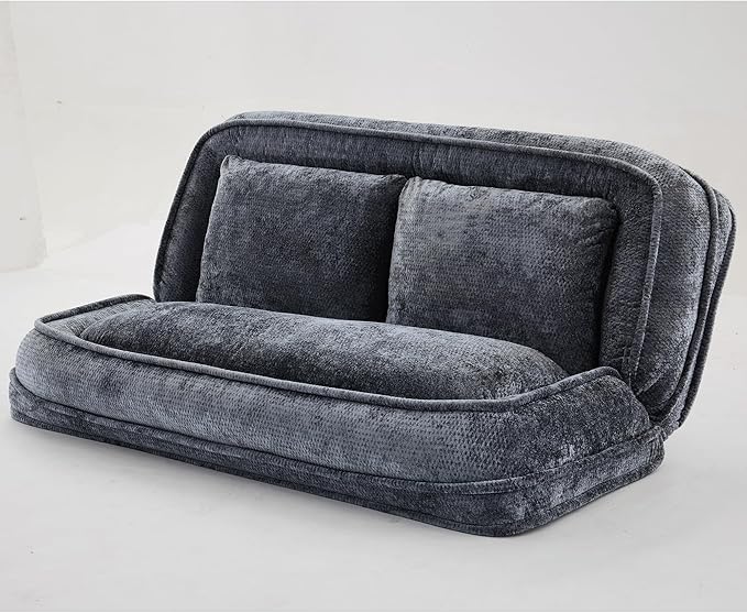 Floor Chair with Back Support Human Dog Bed Folding Loveseat with 5 Adjustable Position 2 Pillows Chenille Meditation Gaming Chair for Lazy Boys Living Room Lounge Bedroom Dark Grey