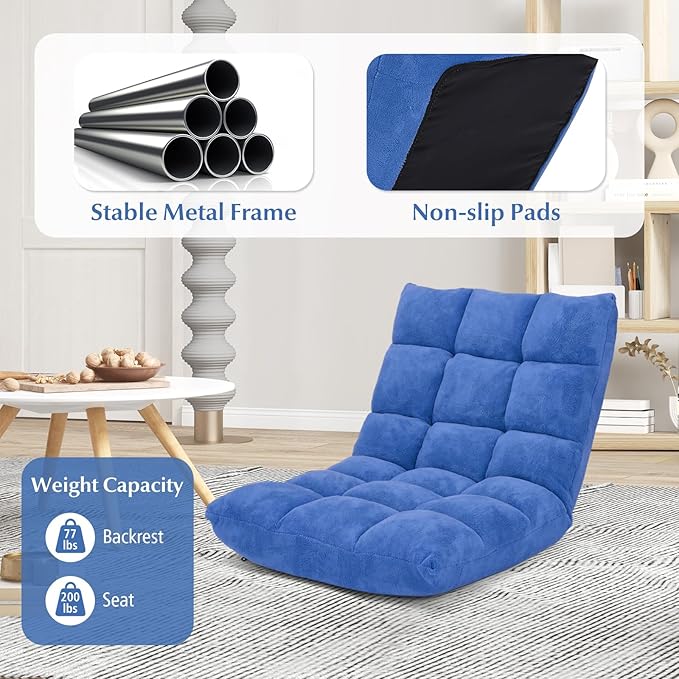 14-Position Lazy Sofa Chair with Soft Coral Fleece Folding Gaming Chair Couch Recliner Floor Seat for Reading Meditating Yoga (Blue)