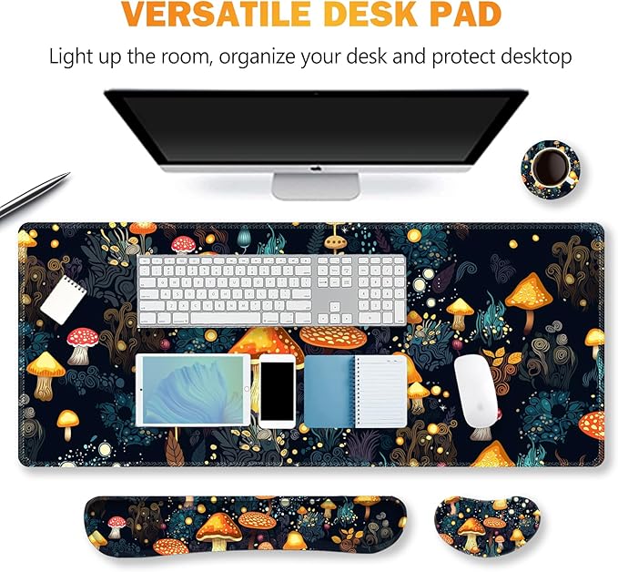 ARTSO Large Gaming Mouse Pad Keyboard Wrist Rest Pad &amp Wrist Support Mousepad Set Stitched Edge Extended Non-Slip Base Memory Foam Desk Mat for Office Home Cute Mushrooms