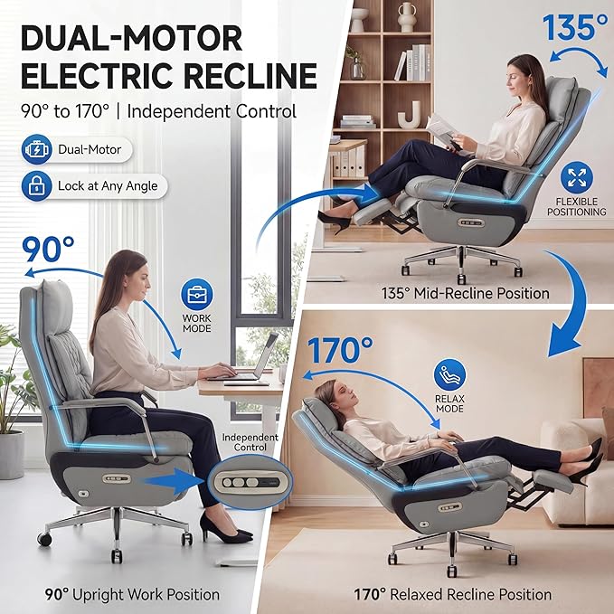 Dual Motor Executive Reclining Office Chair with Footrest – One-Click Electric Recline Massage Lumbar Support &amp Pillow Big and Tall PU Leather Ergonomic Desk Chair for Home Office/Gaming(Gray)