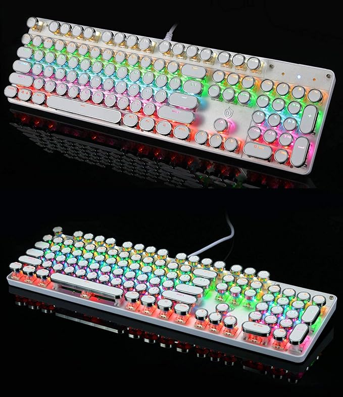 Typewriter Style Mechanical Gaming Keyboard LED Backlit Wired with Blue Switch Retro Round Keycap 104 Keys Keyboard (White 104 Keys LED)