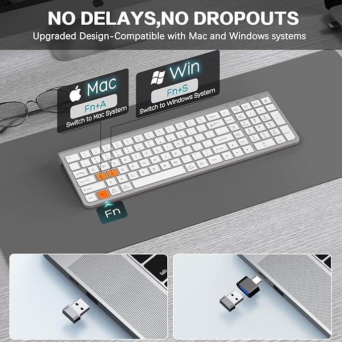 JOYACCESS Wireless Keyboard ErgonomicDustproof2.4G Slim and Compact Quiet Wireless Keyboard with Number Keypad for Windows MacBook Pro/Air Laptop Desktop PC-Sliver&ampWhite