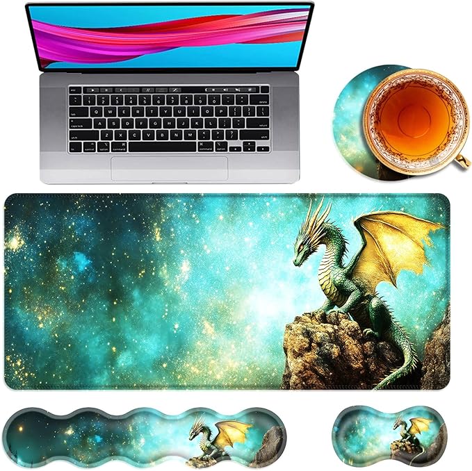 Large Mouse Pad and Keyboard Wrist Rest Desk Pad for Keyboard and Mouse 4-in-1 Large Gaming Mouse Pad with Wrist Support Desk Mat for Home Office Study GameCute Green Dragon