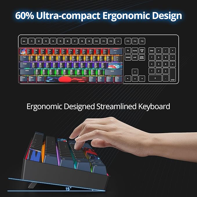60 Percent Gaming Keyboard 61 Keys Mechanical Keyboard Rainbow Backlit Ultra Compact Wird Keyboard with Red Switches for Win Ps4/5 Xbox(61 Blue)