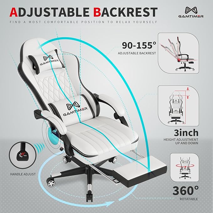 Gaming Chair with Footrest Ergonomic Computer Chair PU Breathable Material with Headrest and Lumbar Support Suitable for Silla Gamer and Adults (White)