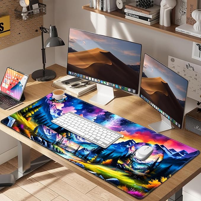 4 in 1 Large Mouse Pad Keyboard Wrist Rest Set Ergonomic Mouse Pad with Wrist Support Desk Mat with Stitched Edges Extended Desk Pad Waterproof Desk Mat for Home Office Game I Landscaping Mountain