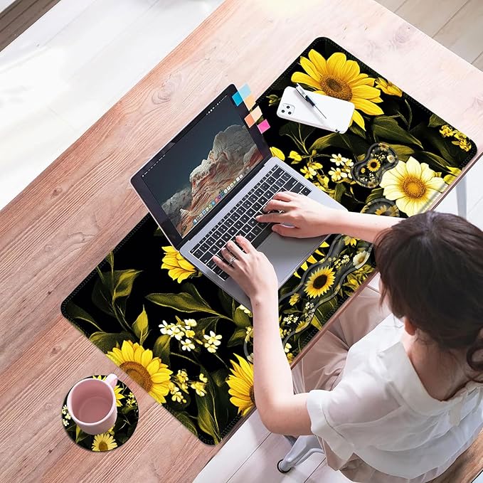 Mouse PadLarge Desk Mat Set 4in1 XL Mousepad + Keyboard Wrist Rest+Mouse Wrist Rest+Coaster with Ergonomic Desk Pad for Home Office Table Computer Cover -Sunflowers and White Flowers