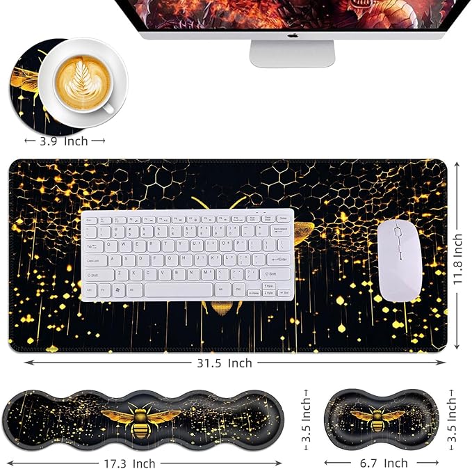 Mouse PadLarge Desk Mat Set 4in1 XL Mousepad + Keyboard Wrist Rest+Mouse Wrist Rest+Coaster with Ergonomic Desk Pad for Home Office Table Computer Cover -Glowing Bee and Honeycomb