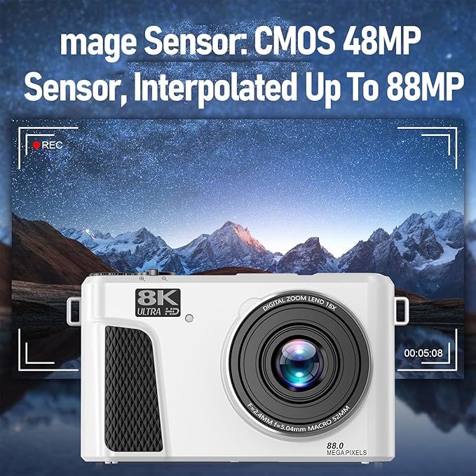 Zopsc 8K Digital Camera 88MP with WiFi 18X Zoom and 3in Flip Screen Autofocus Vlogging Camera with LED Fill Light Live Streaming Webcam for Travel (White)