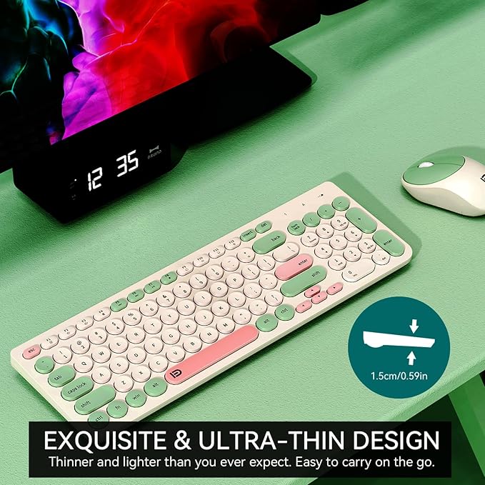 FD Wireless Keyboards and Mouse Combo - 2.4GHz USB Cordless Cute Wireless Keyboard Round Keys Quiet and Slim Set for Laptop Computer TV and Mac - Milky White Green Colorful