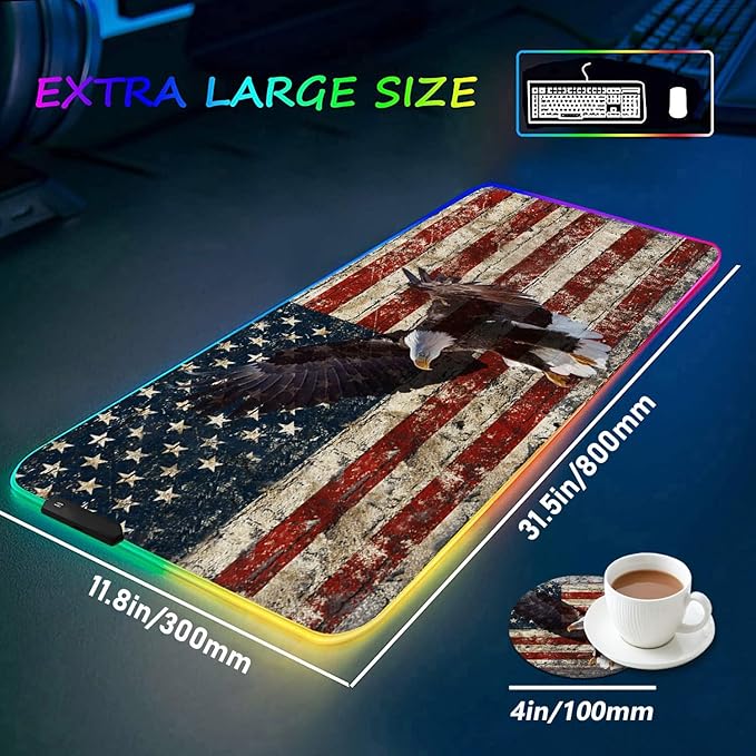 RGB Gaming Mouse Pad with Coffee Coaster XXL Large Glowing LED Mousepad Anti-Slip Rubber Base Computer Keyboard Desk Mouse Mat 31.5 X 11.8 Inch - Military Wall Graffiti USA Flag Bald Eagle