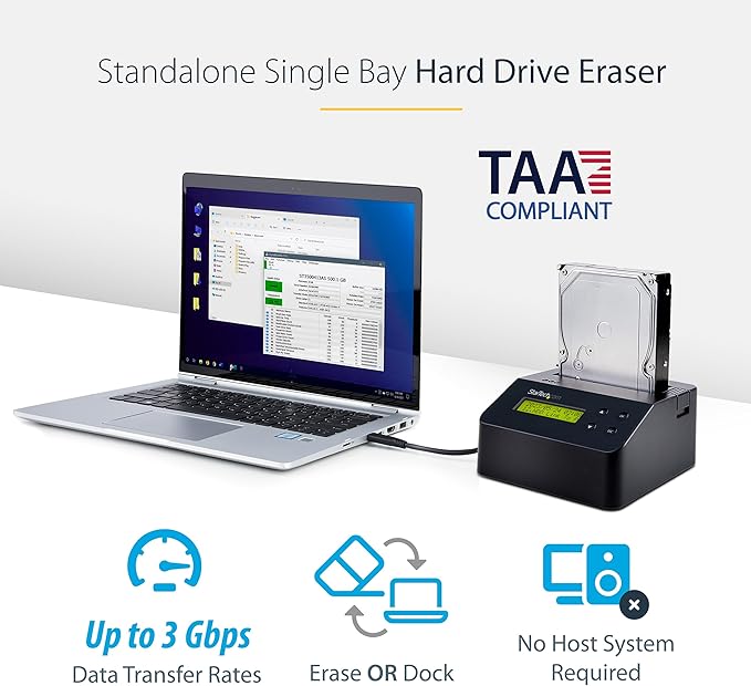 StarTech.com Single Bay SSD/HDD Hard Drive Eraser 2.5/3.5 SATA Hostless Standalone Secure Erase Disk Sanitizer Hardware Wiper Erasing Tool 9 Modes Printer Port NIST/DOD LCD TAA (SDOCK1EU3P)
