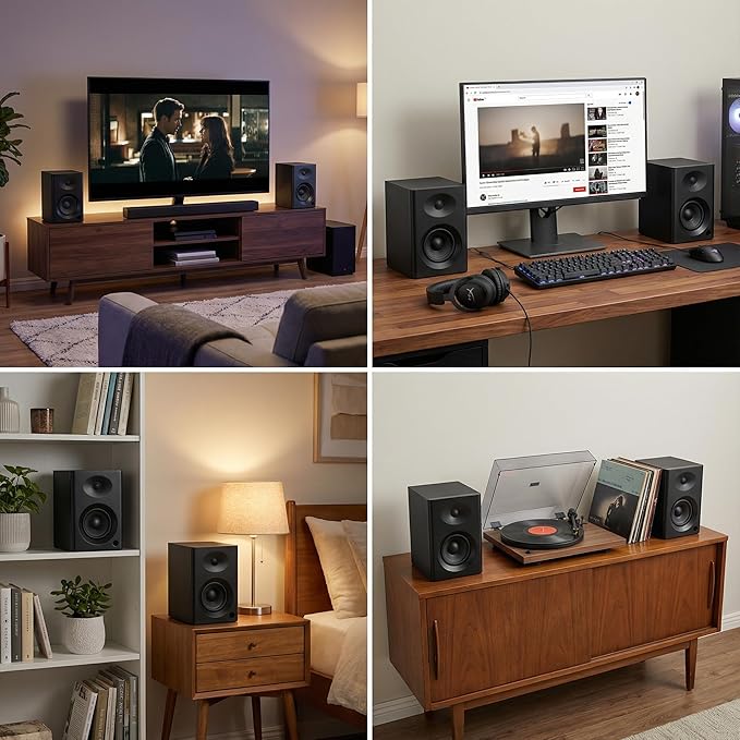 Computer Speakers for Desktop PC - 60W Bluetooth Stereo Sound with Bass Active Powered Speakers for Home Audio Monitor Laptop Gaming &amp TV (Black Pair)