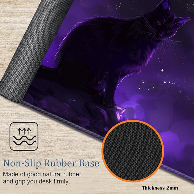 Large Gaming Mouse Pad + Wrist Rest + Lace Coaster Non-Slip Set with Sewn Edges and Waterproof Expandable Desktop Pad Suitable for Office/Home Black Cat and Purple Moon