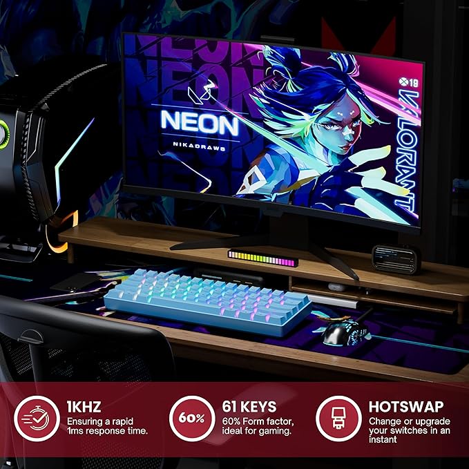 HK GAMING GK61 60% v3 | Hotswap Mechanical Gaming Keyboard | 61 Keys Multi Color RGB LED Backlit for PC/Mac Gamer | US Layout (Blue Cherry Mx Speed Silver)