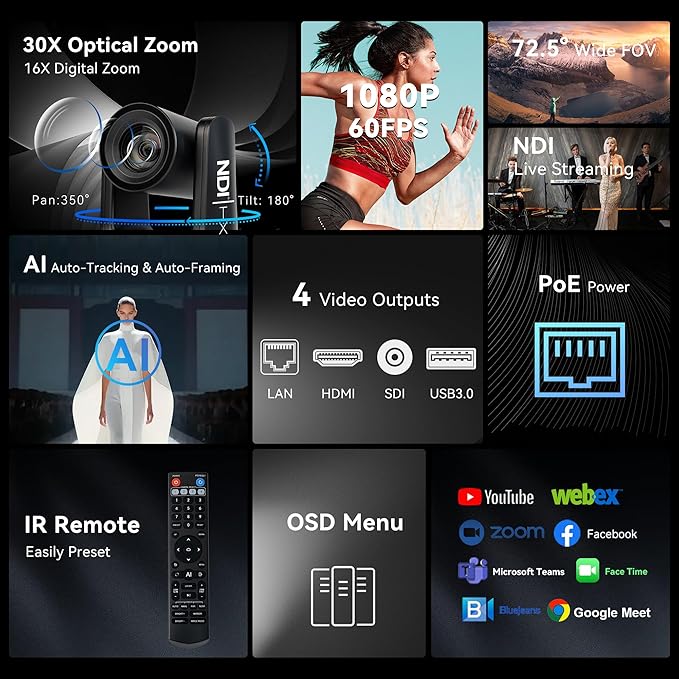 TONGVEO NDI PTZ Camera &amp Joystick Controller Bundle: 30X Optical Zoom 1080P 60fps AI Auto-Tracking Camera with 5'' LCD Screen Preview Controller Supports PoE SDI HDMI USB for Church &amp Live St