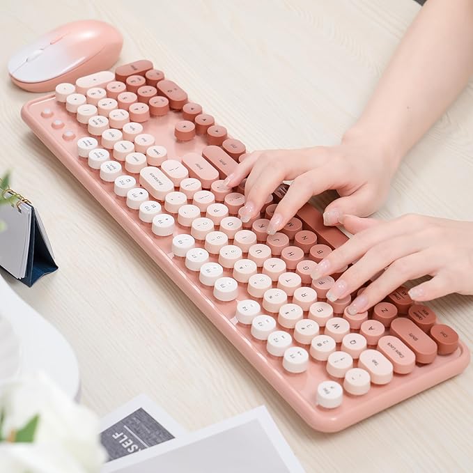 Colorful Wireless Keyboard and Mouse Combo COVEVA 2.4GHz Wireless Retro Cute Round Keycaps Keyboard 104 Keys Full-Sized Keyboard Mouse Set with Switch Button for PC Laptop Desktop (Rose Gradient)